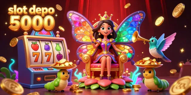 Experience thrilling wins with slot depo 5000, featuring dynamic cartoon characters and vibrant casino elements.