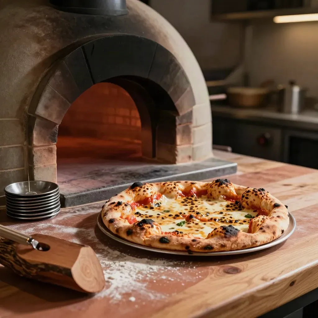 Forno a legna con pizza appena sfornata, pale impilate, legno e farina su banco rustico.