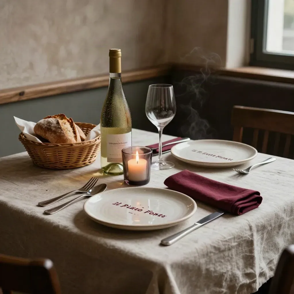 Tavolo per due con piatti firma, vino fresco, pane e candela in una sala calda.