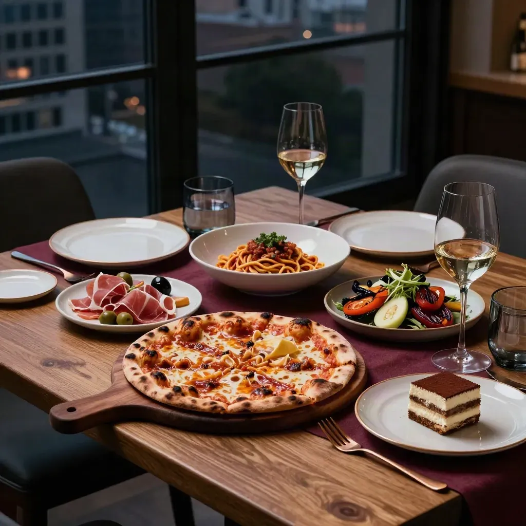 Tavola di ristorante con pizza, pasta, antipasti e bicchieri al tramonto urbano