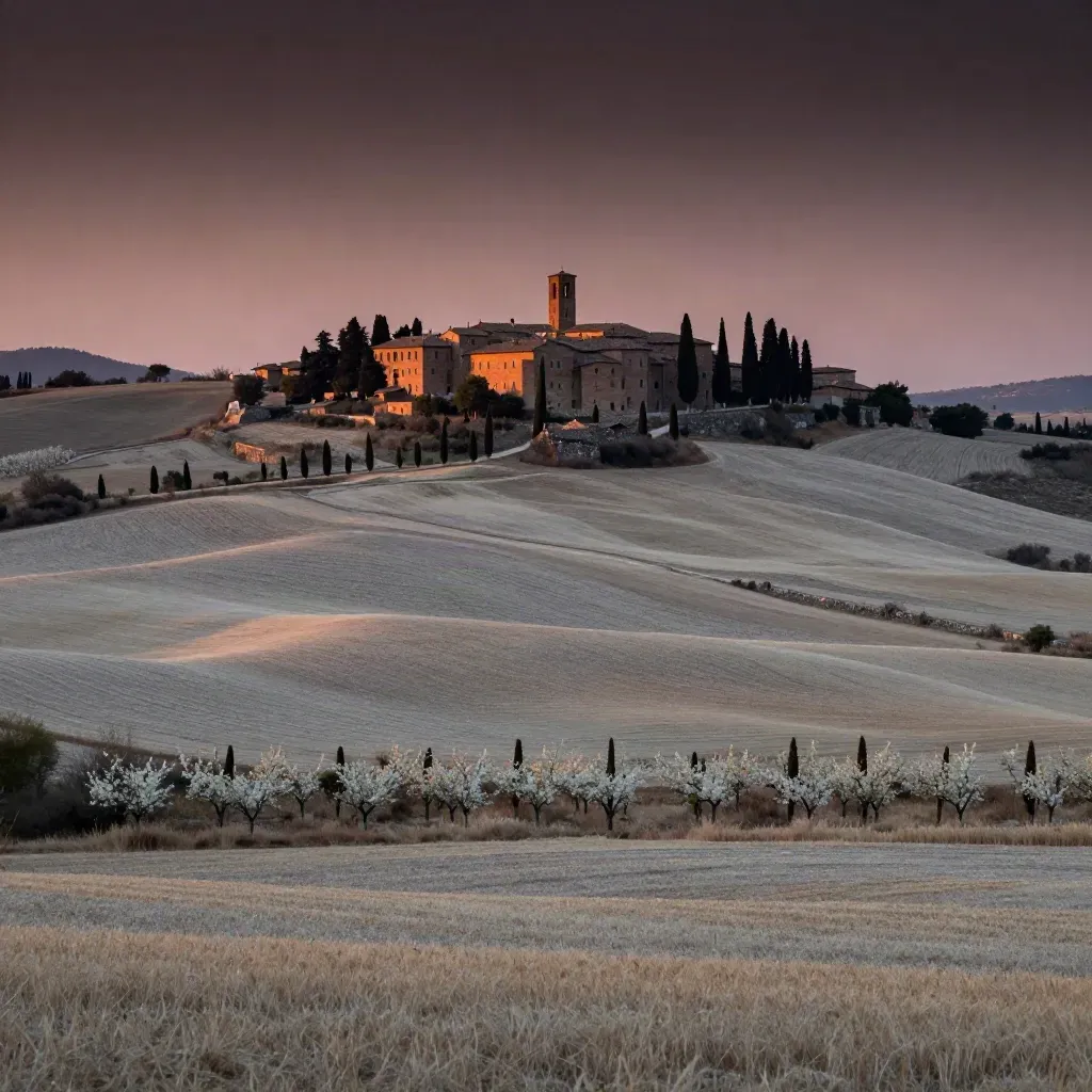 Paesaggio della Romagna con cipressi, campi al tramonto e skyline storico lontano